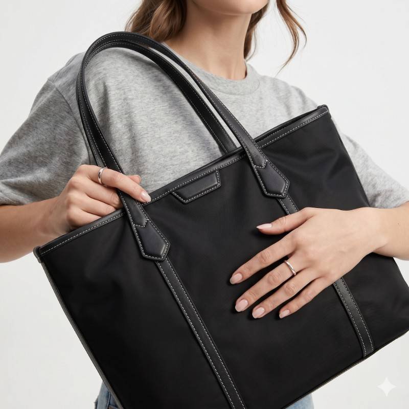 Black Zoe Rhea tote bag featuring contrast stitching and leather strap handles. - view 2