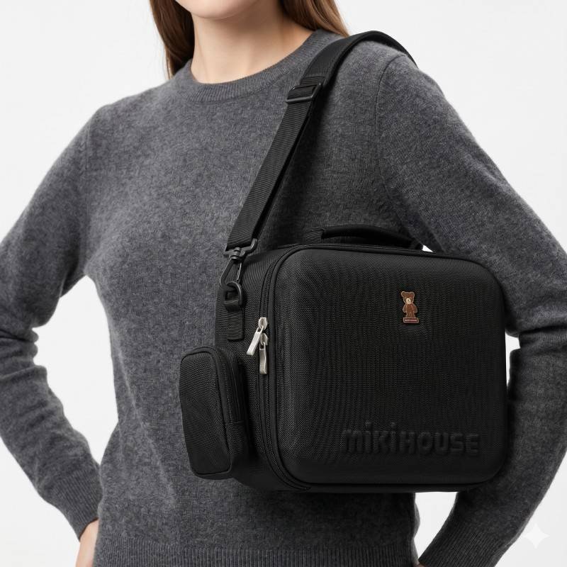 Black Miki House semi-hard case mothers bag featuring an embroidered bear logo and carrying strap. - view 2