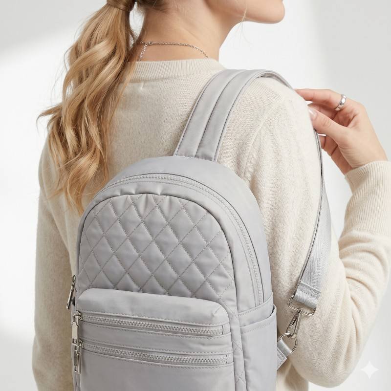 Grey nylon mini backpack with a quilted front panel and zipper pockets - view 2