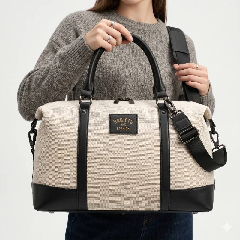Black beige canvas duffle bag - view 2