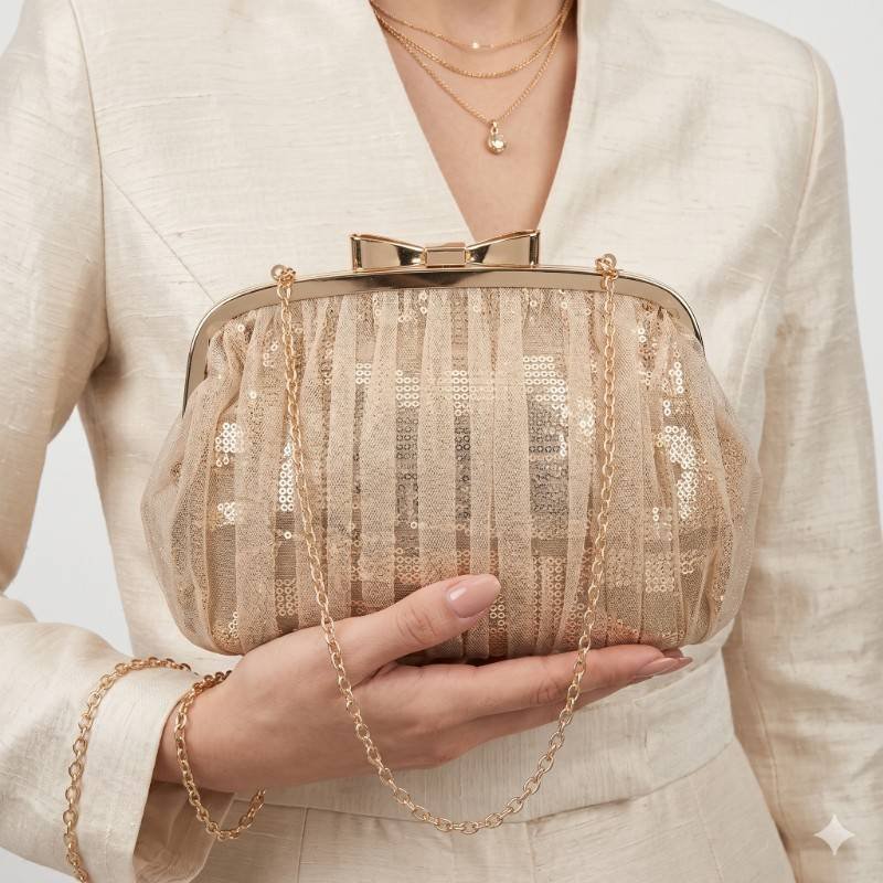 Gold colored clutch bag metal chain strap with beautiful metal bow - view 2