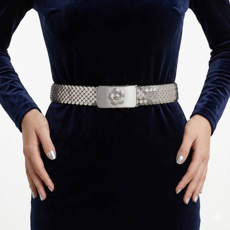 Vintage silver-tone metal scale belt featuring a floral buckle and elastic backing. - view 2