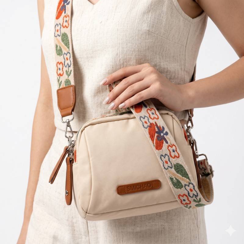 Smichao nylon crossbody shell bag with a floral wide strap and zipper closure. - view 2