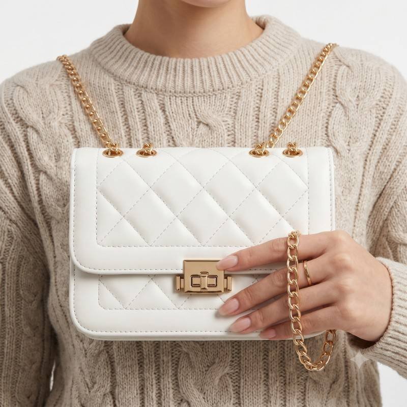 White quilted mini bag featuring a gold turn-lock closure and a matching gold chain strap. - view 2