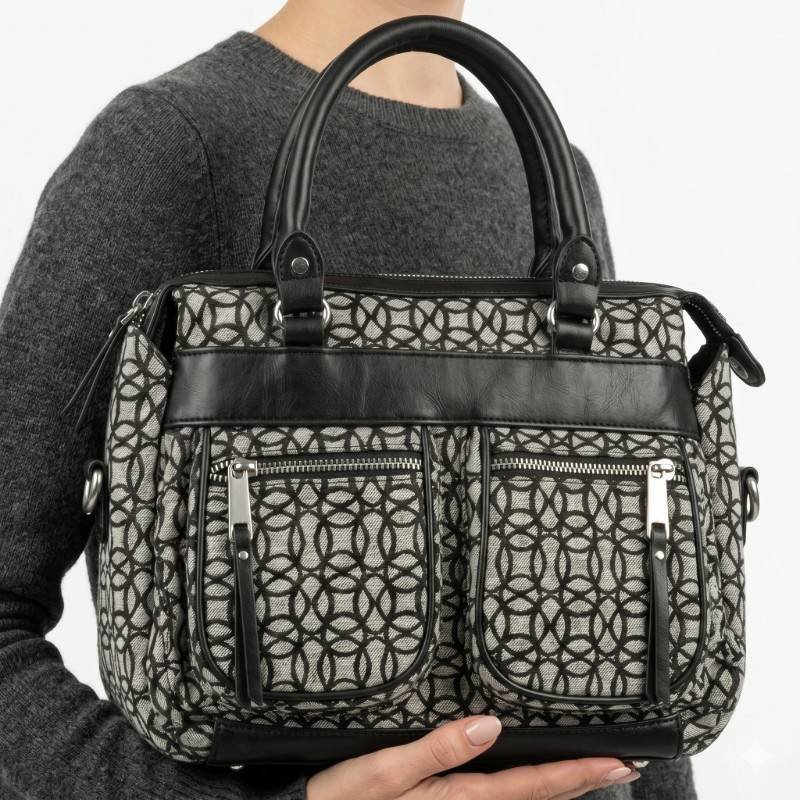 This is a Time and Tru Beckett satchel handbag featuring a black and beige geometric jacquard pattern. - view 2
