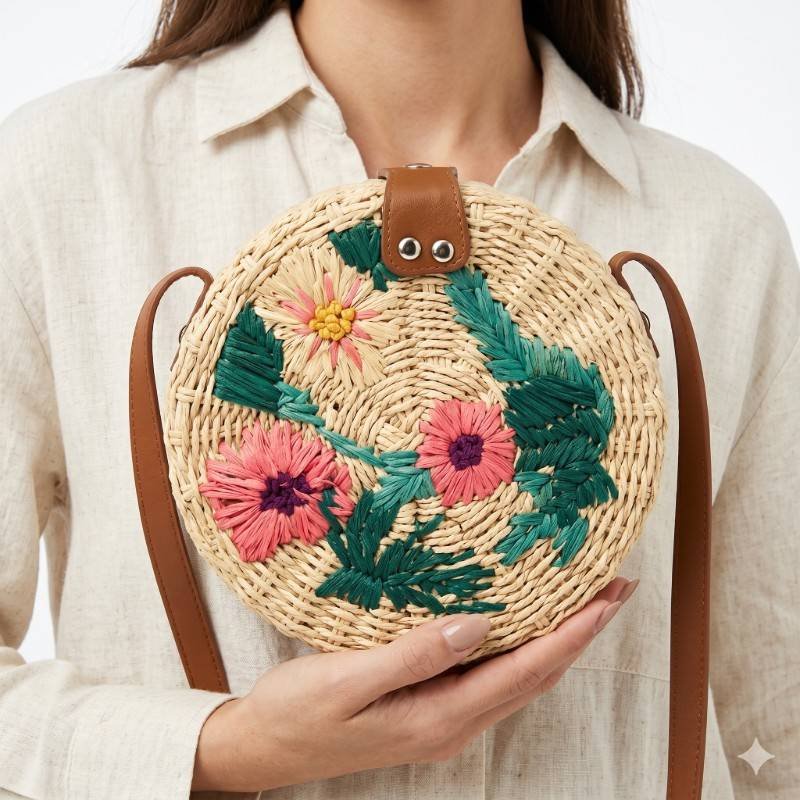 Topshop circular straw bag featuring embroidered floral details and a brown shoulder strap. - view 2