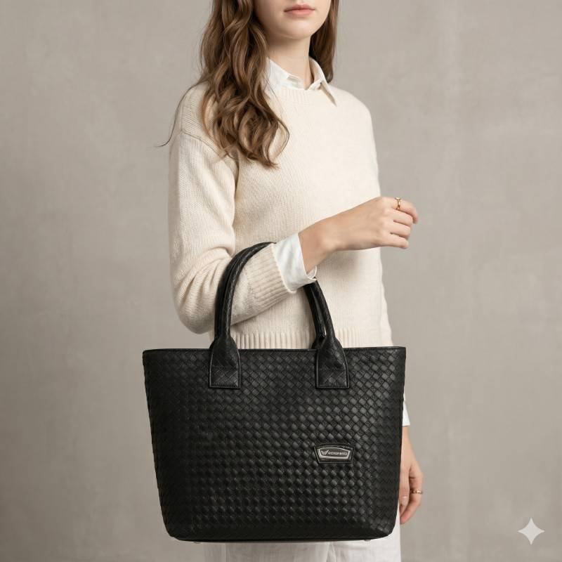 black woven faux leather tote bag with a branded metal plaque - view 2