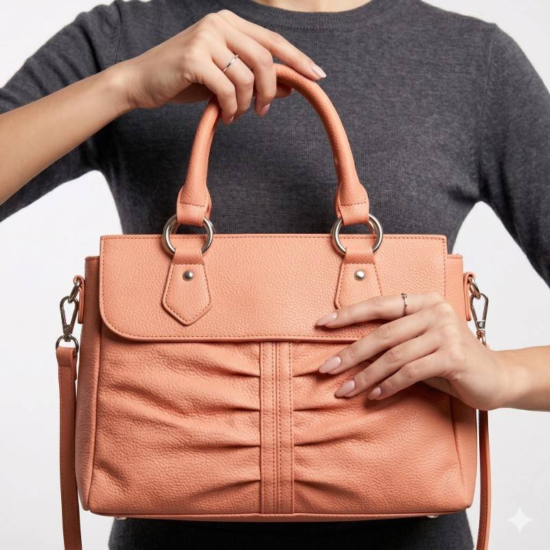 salmon-colored faux leather hobo shoulder bag featuring pleated details and ring hardware. - view 2