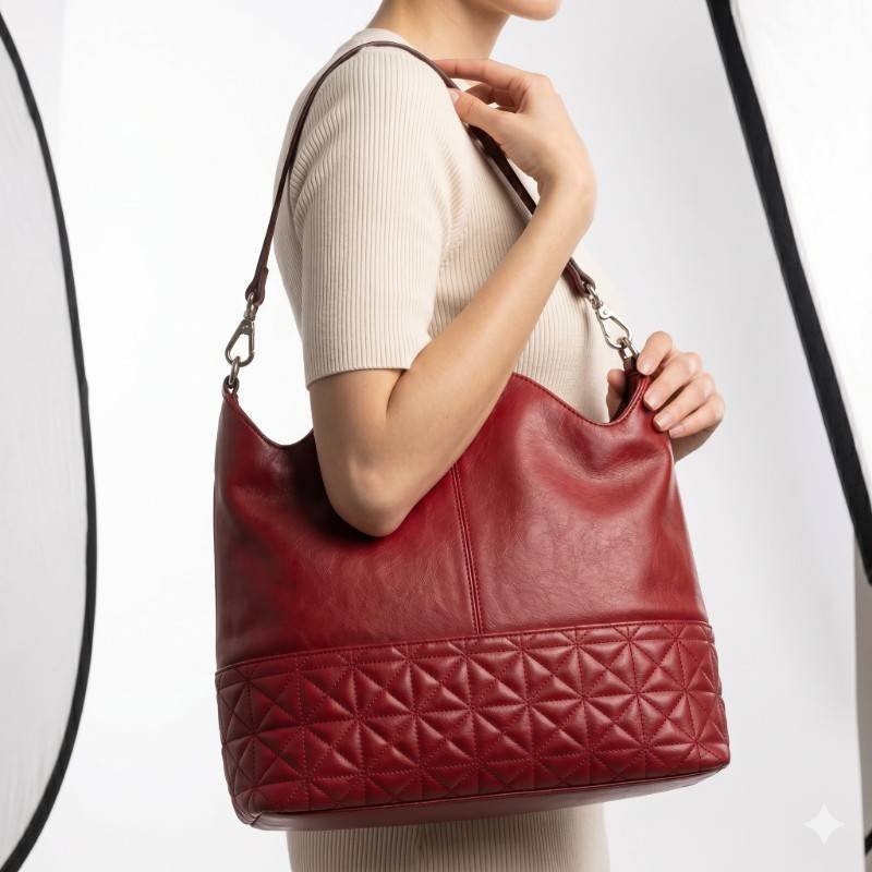 red leather hobo shoulder bag featuring a quilted bottom panel and silver-toned hardware. - view 2
