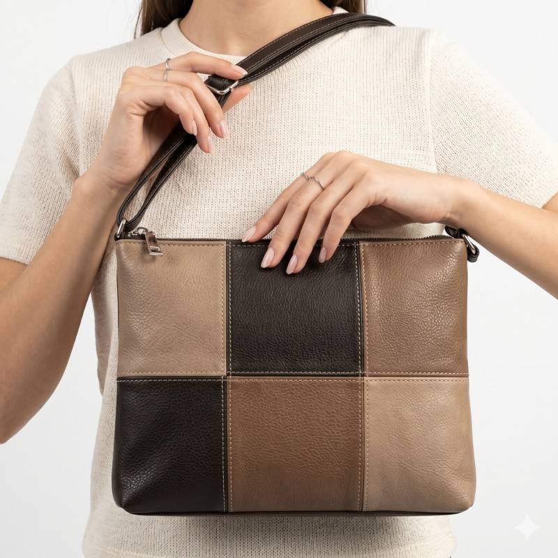Solo patchwork brown leather crossbody bag with a zipper closure - view 2