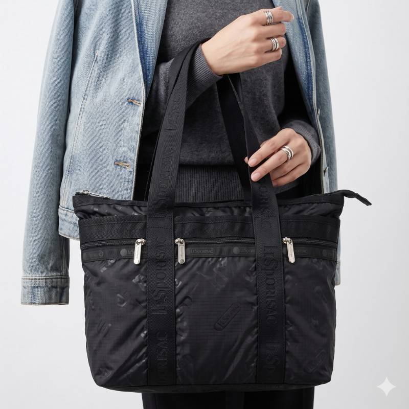 LeSportsac black nylon travel tote bag. - view 2