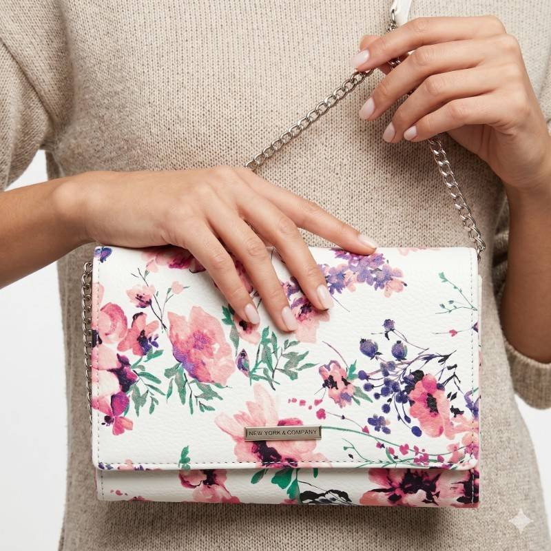 New York & Company white floral print crossbody bag with a silver-toned chain strap. - view 2