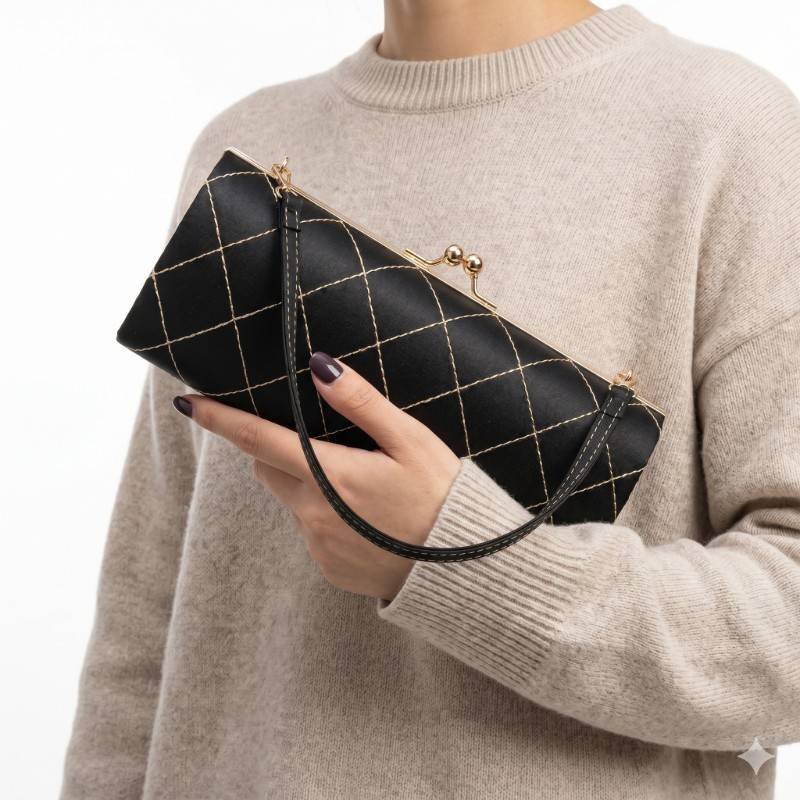 black quilted clutch purse with a clasp closure and a detachable shoulder strap - view 2