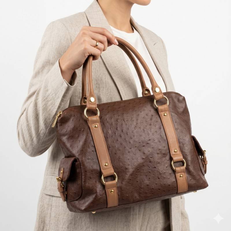 Mark light brown faux ostrich medium travel tote bag with gold accents - view 2