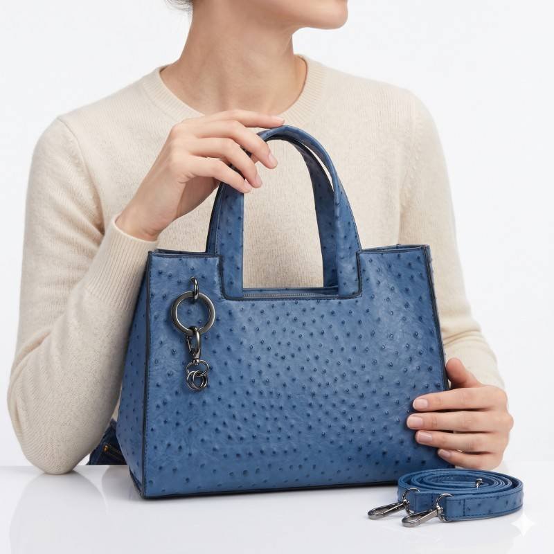 blue ostrich leather handbag with a detachable strap. - view 2