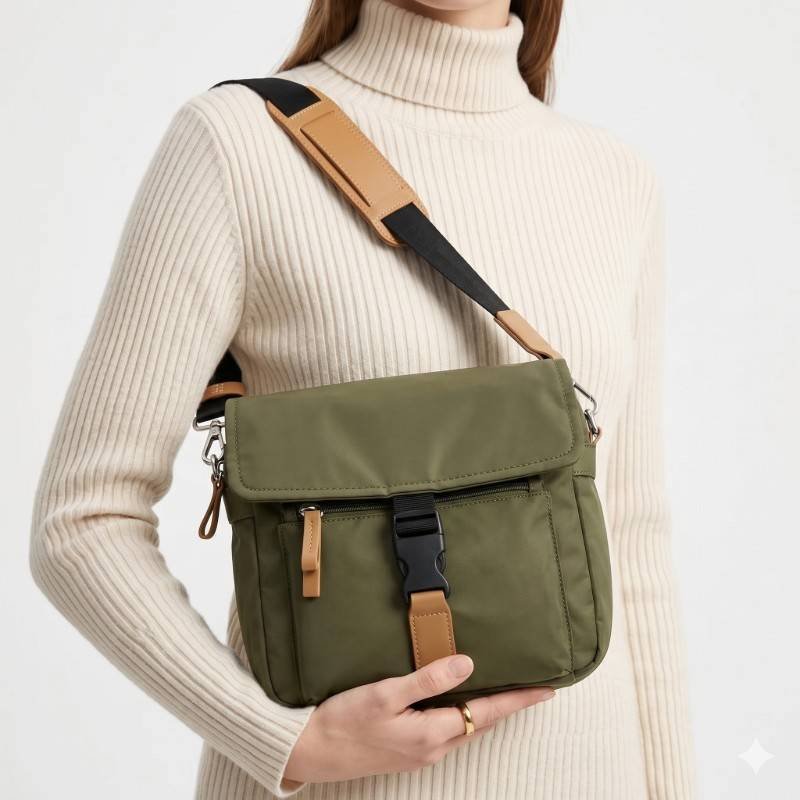 olive green nylon messenger bag by Ale-Hop with brown leather-look trim and a black buckle closure. - view 2