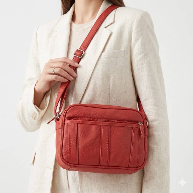red leather crossbody bag with multiple zippered pockets. - view 2