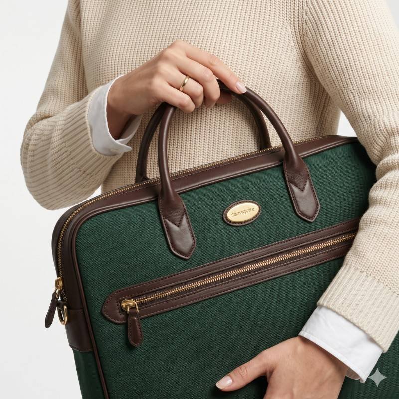 vintage Samsonite green business bag with brown leather trim - view 2