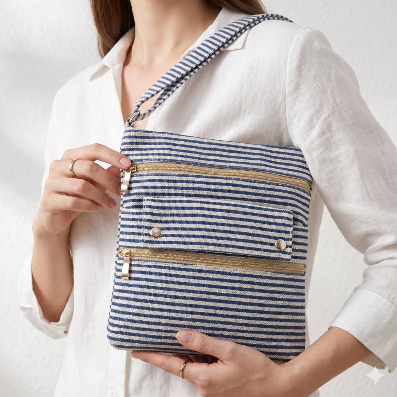 blue and white striped canvas crossbody sling bag with multiple zippered pockets - view 2