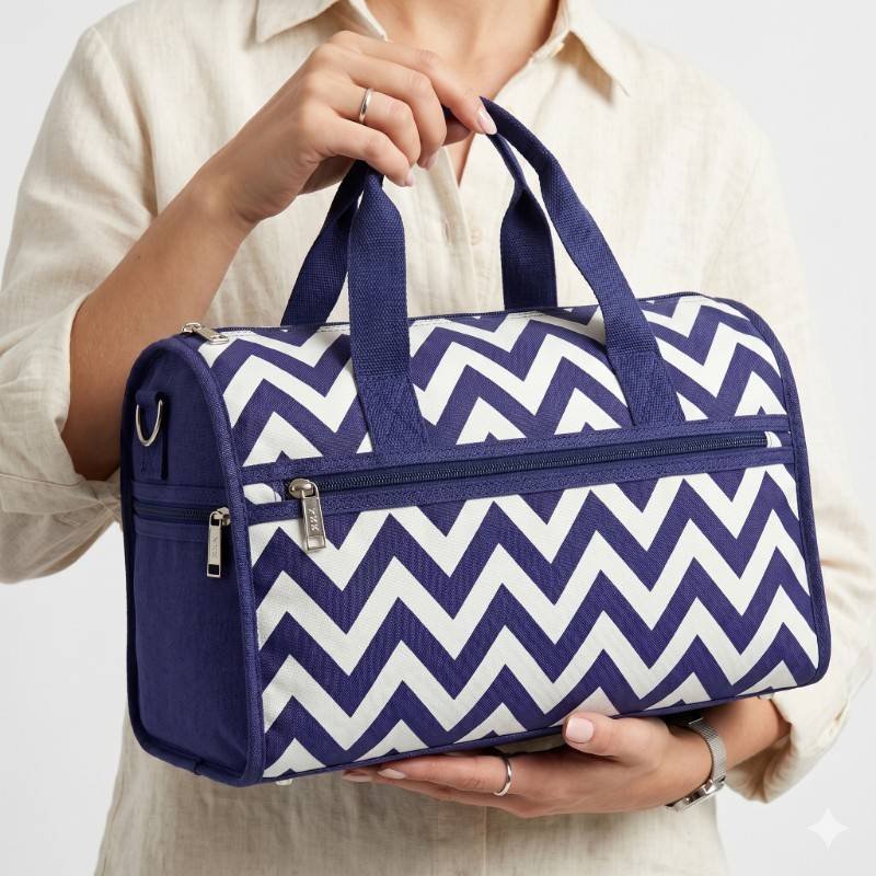 Moda blue and white chevron pattern duffel bag. - view 2