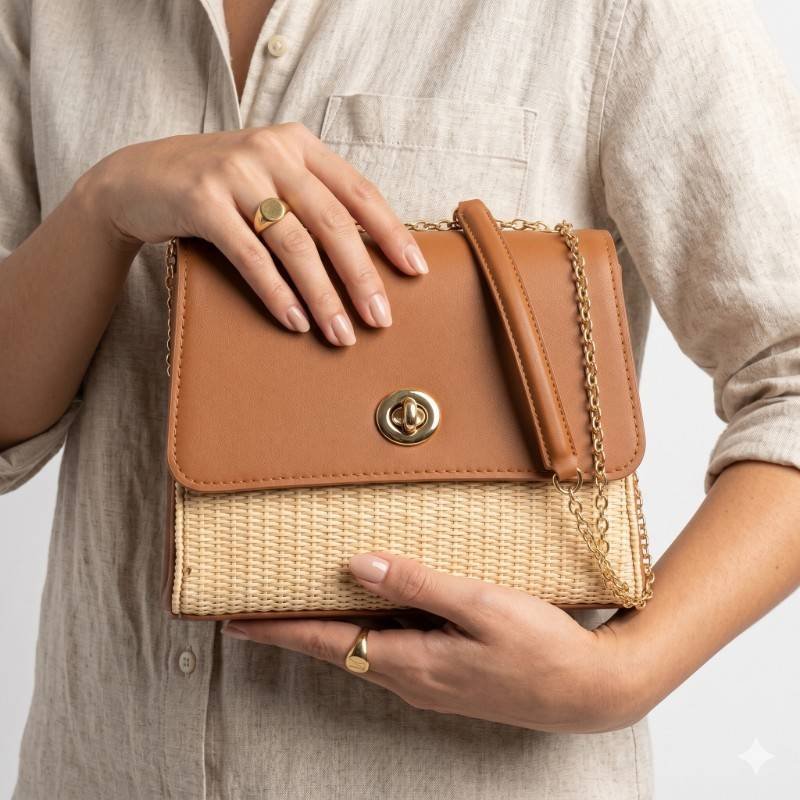 Little Box crossbody handbag in brown with a woven straw base and gold chain strap. - view 2