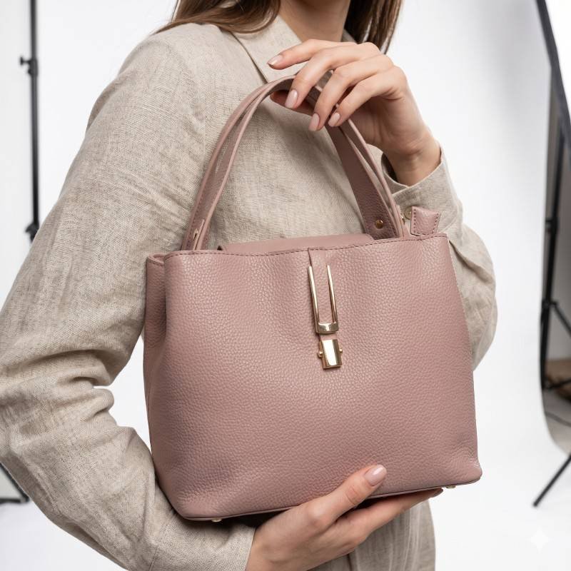 dusty pink SJ textured leather tote bag featuring a distinctive gold metal vertical clasp. - view 2