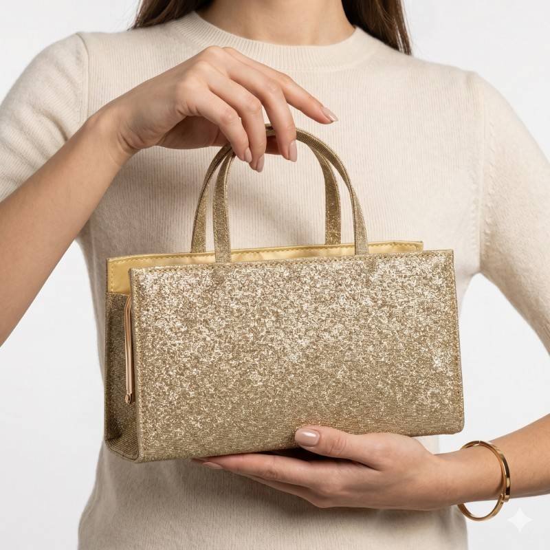 structured gold glitter mini handbag with top handles. - view 2