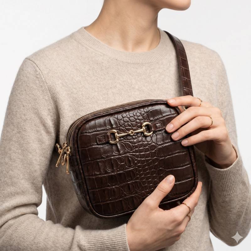 brown croc-embossed synthetic leather crossbody bag featuring gold hardware and a horsebit detail. - view 2