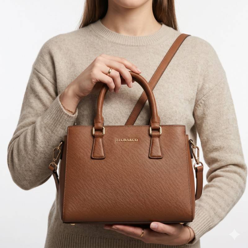 tan Flora&Co structured satchel handbag with top handles and an adjustable shoulder strap. - view 2