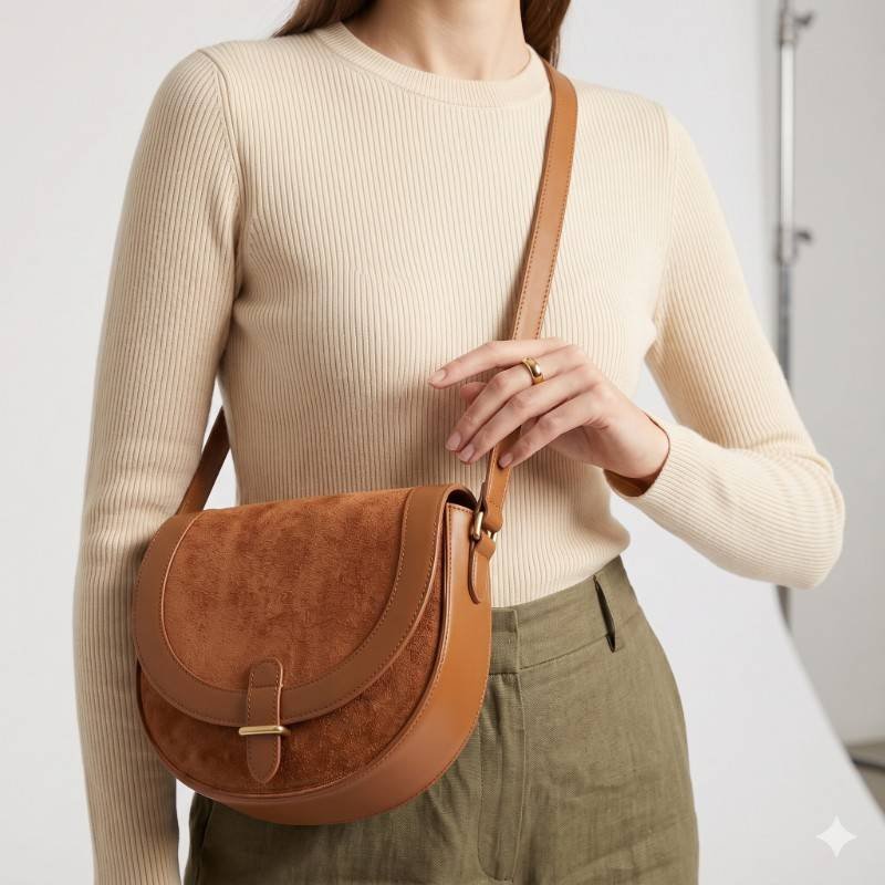 Autonomy brown saddle shoulder bag features a distinctive suede front flap with a contrasting smooth leather - view 2