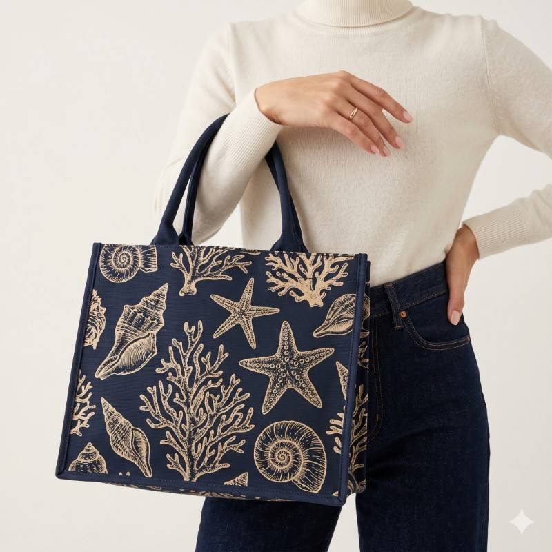 Signare Sea Shell tapestry shopper bag featuring a woven seashell pattern and dark blue handles - view 2