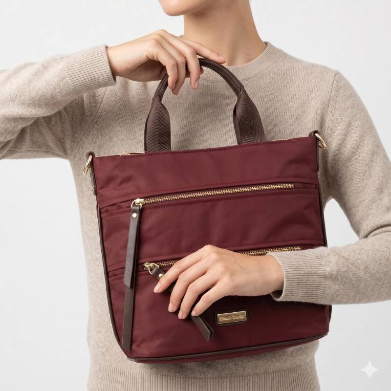 maroon paraşüt kumaş (parachute fabric) tote bag features multiple front zipper pockets and durable brown handles. - view 2