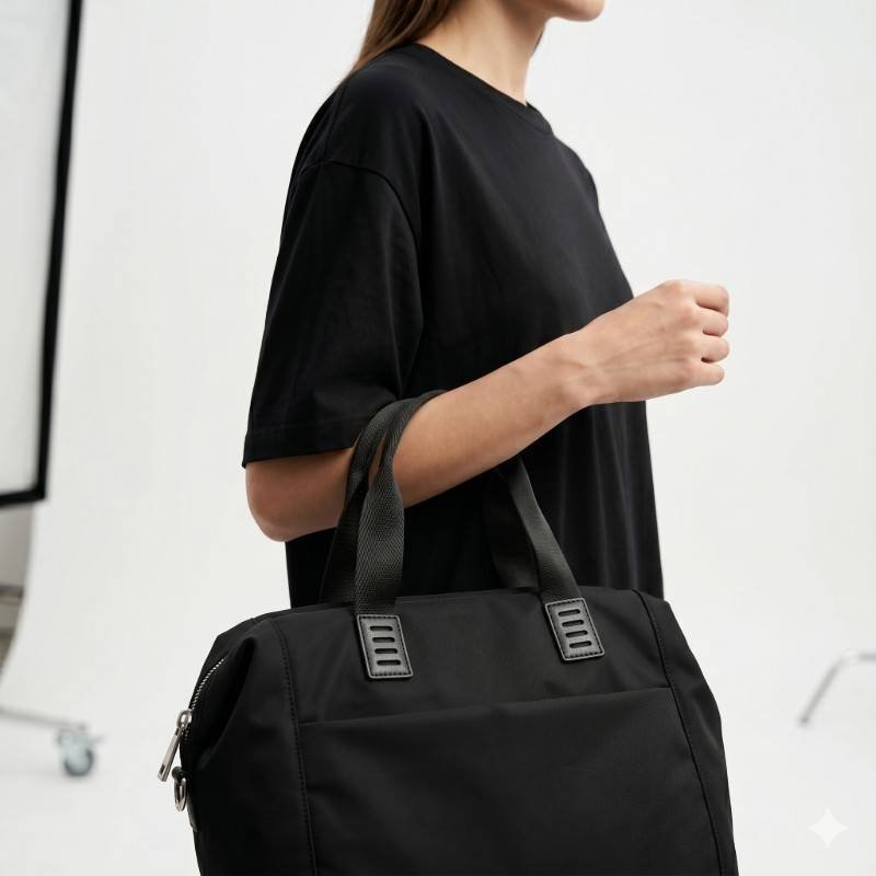 black nylon ACE Sears tote bag features structured top handles and a functional front zippered pocket for organization - view 2