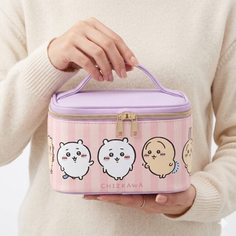 pink and purple Chiikawa branded vanity pouch features a charming striped design and durable zipper closures. - view 2