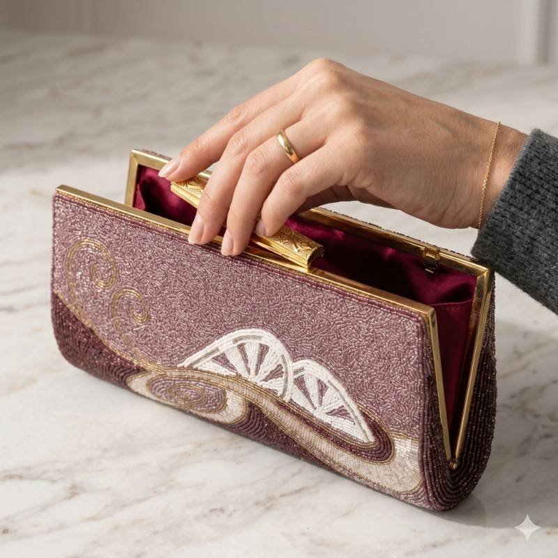 High quality "Ivory Palm Clutch" in purple features intricate beadwork and a metallic frame clasp - view 2