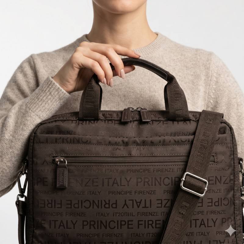 brown nylon Principe Firenze messenger bag features a repeating logo pattern and an adjustable shoulder strap. - view 2