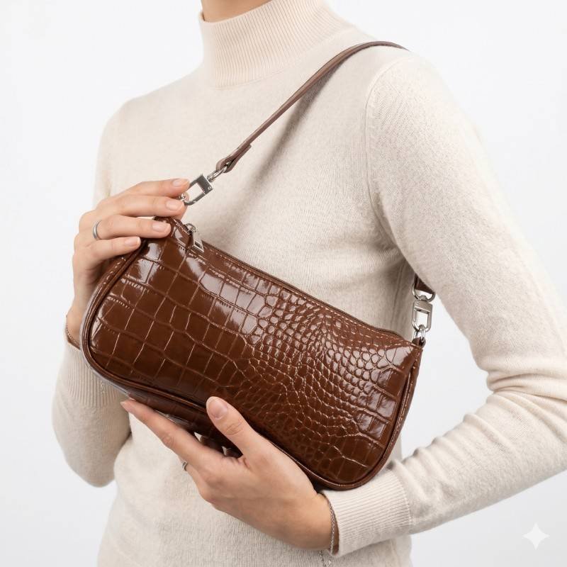 This glossy brown shoulder bag features a 90s-inspired croc-embossed texture and sleek silver hardware - view 2
