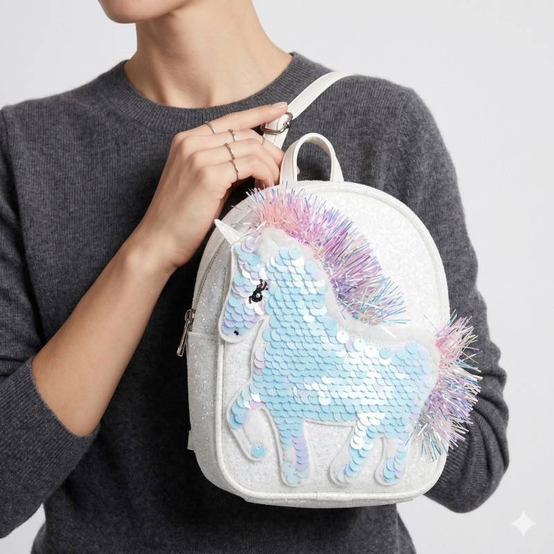 white mini backpack is from The Children's Place and features a reversible sequin unicorn design - view 2