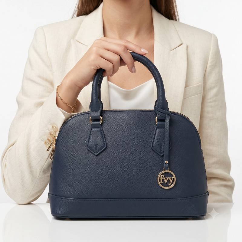 blue Favvy handbag structural design and gold-tone "fvy" logo charm. - view 2