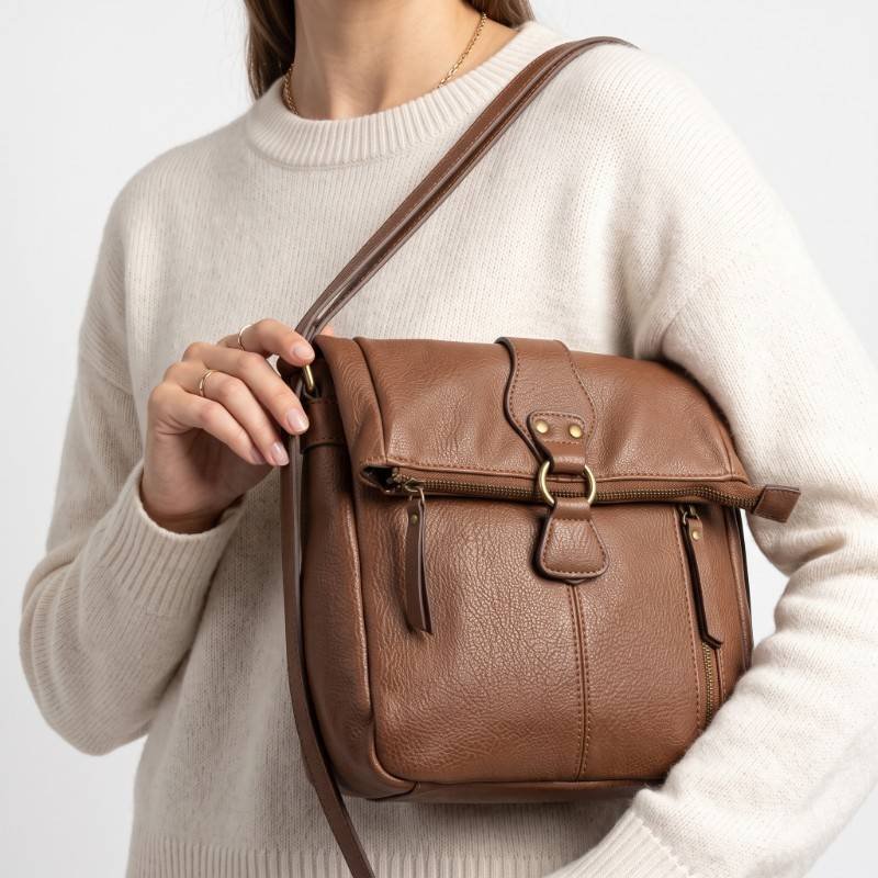 Brown leather crossbody bagfolded top flap with a buckle closure and two front zippered pockets. - view 2