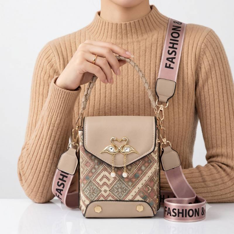 Beige geometric-patterned crossbody phone bag - view 2