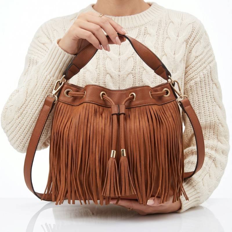 Di Grazia brown fringe tassel bucket shoulder bag - view 2
