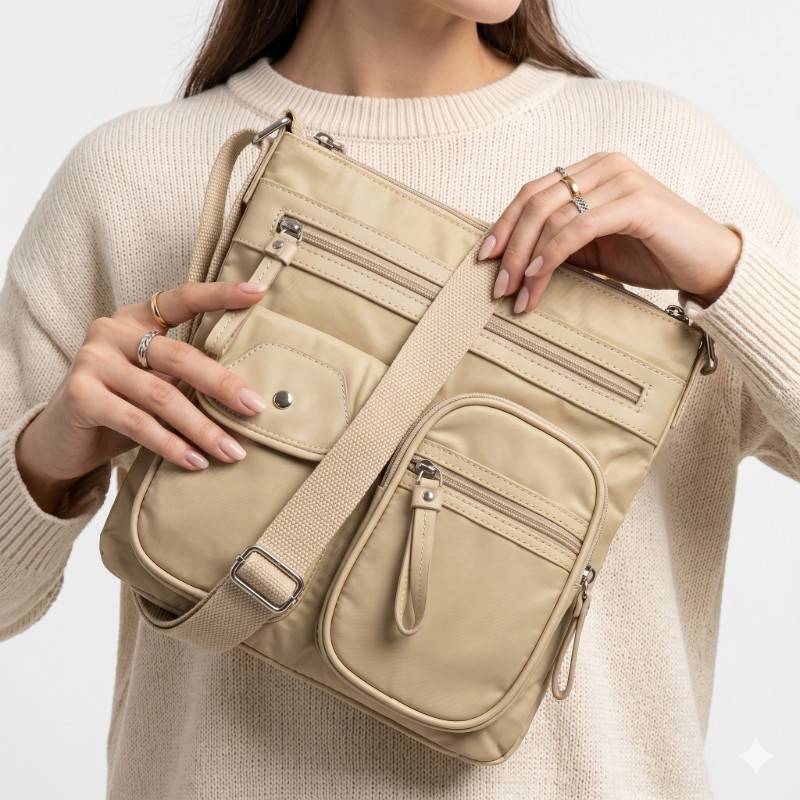 Multiple pockets beige colour parachute crossbody bag - view 2