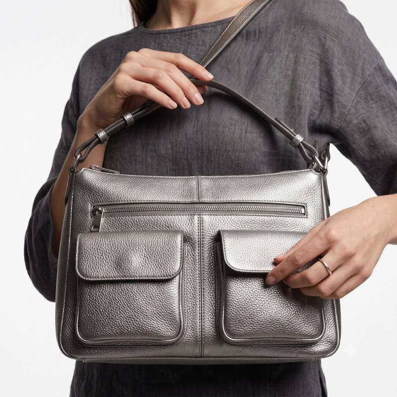 Silver Metallic Shoulder Bag with Double Flap Pockets - view 2