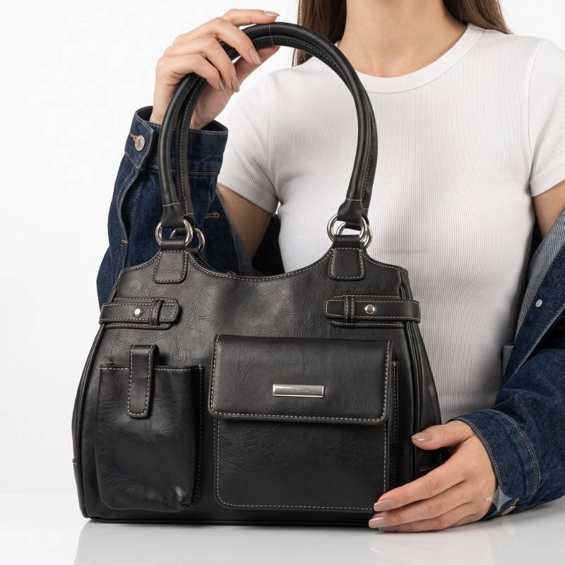 Black multiple pockets medium size hand bag - view 2