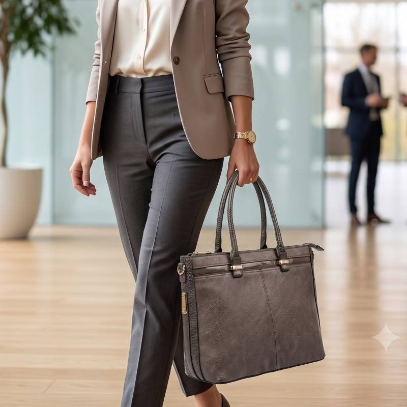 Premium Croc-Trimmed Professional Tote Bag - Coffee Brown - view 2