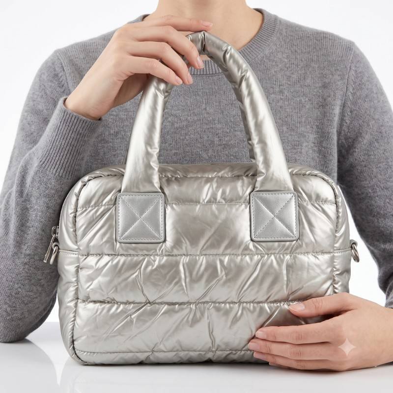Silver colour Quilted Puffy Handbag - view 2