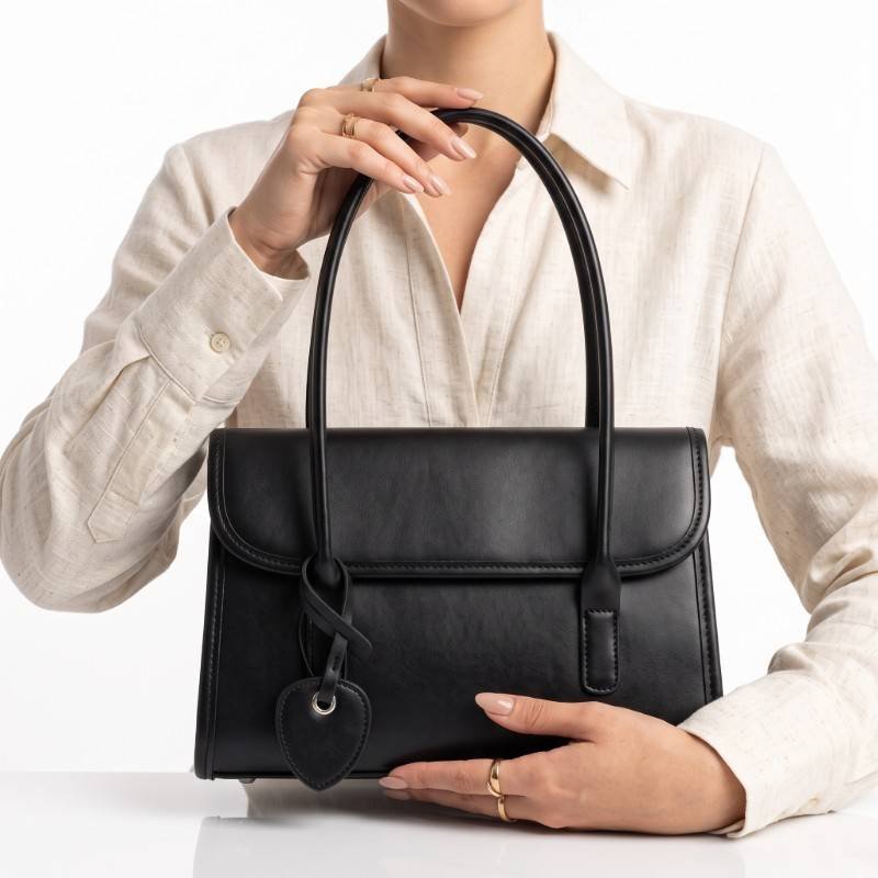 black leather shoulder carry hand bag - view 2