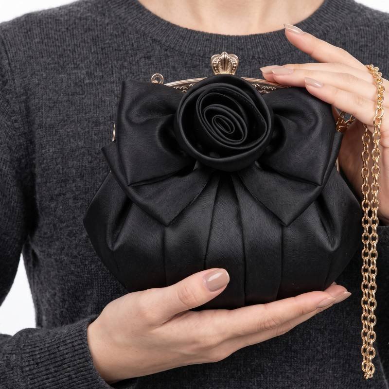 black satin rose clutch bag - view 2