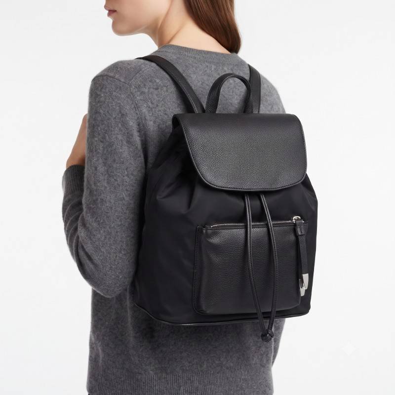 Premium Black Nylon Backpack with Leather Trim - view 2